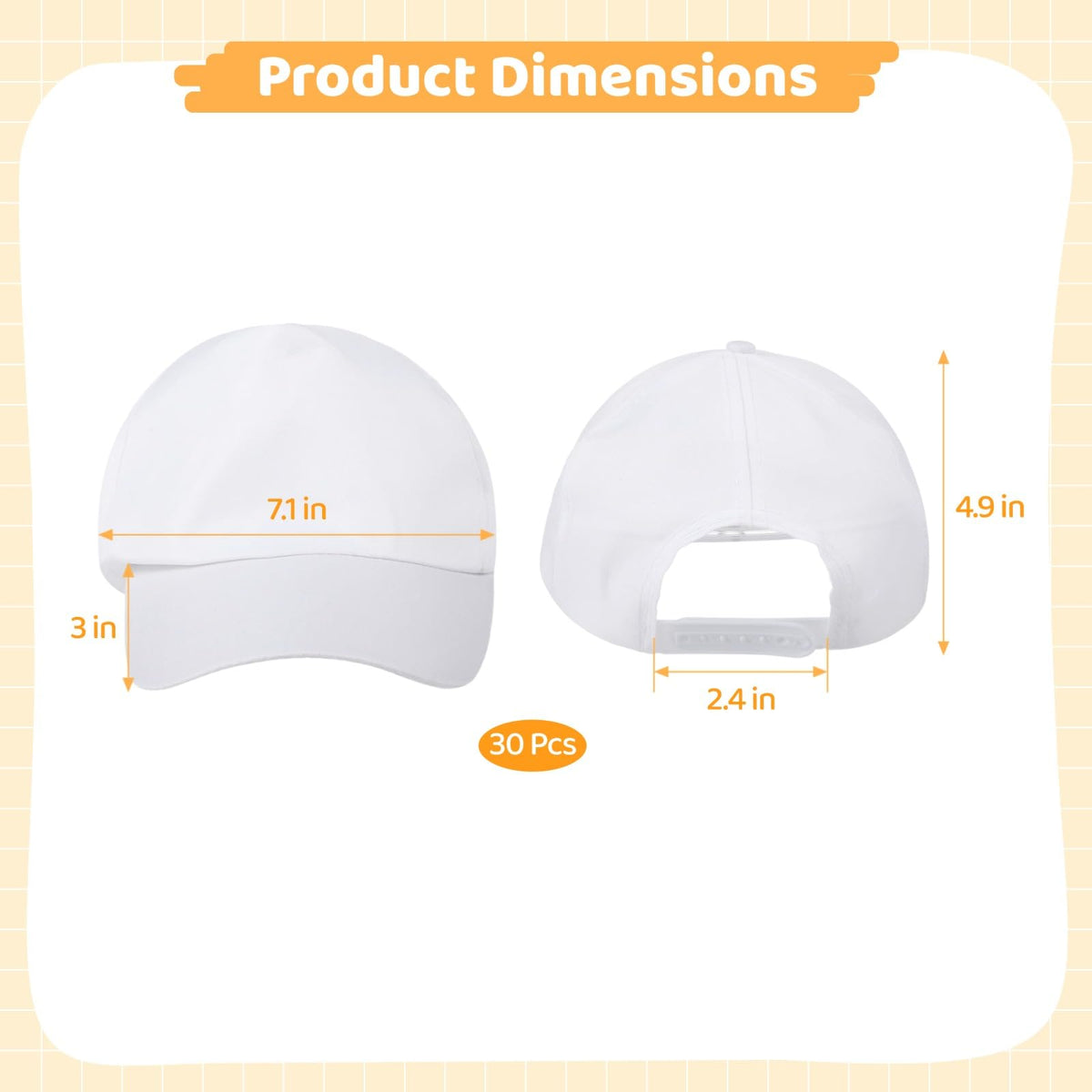 30 Pcs White Adjustable Polyester Baseball Caps T87887