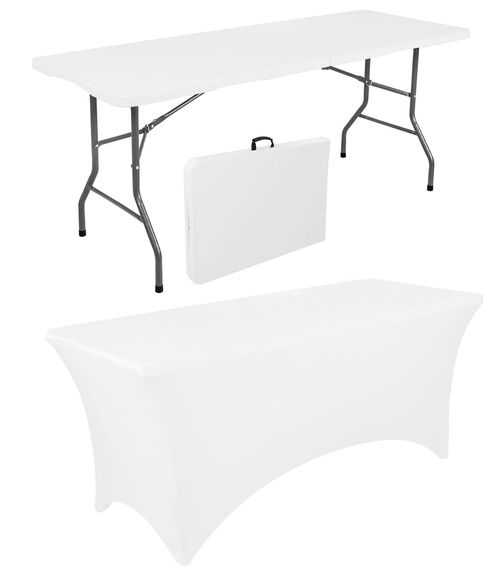 6 FT Folding Table with White Stretch Spandex Cover C97022