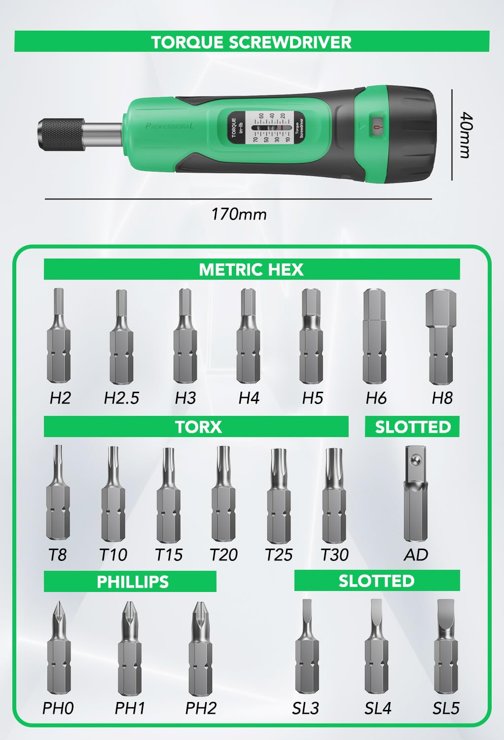 1/4" Drive 10-70 Inch Pounds 20 Pcs Torque Screwdriver Set P23822