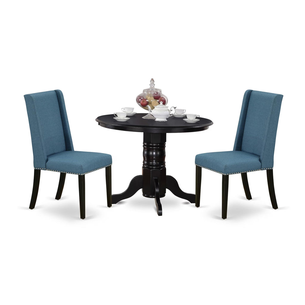3 Piece Dining Table Set with 2 Blue Linen Fabric Chairs N33413