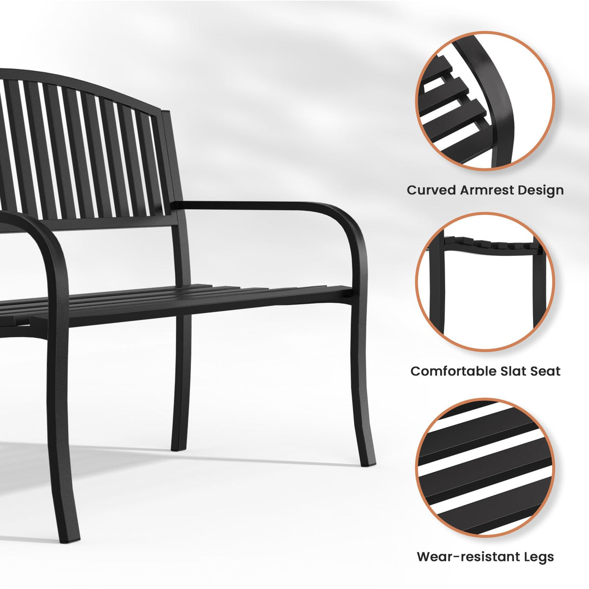 Black Wrought Iron Garden Bench with Armrests I2287