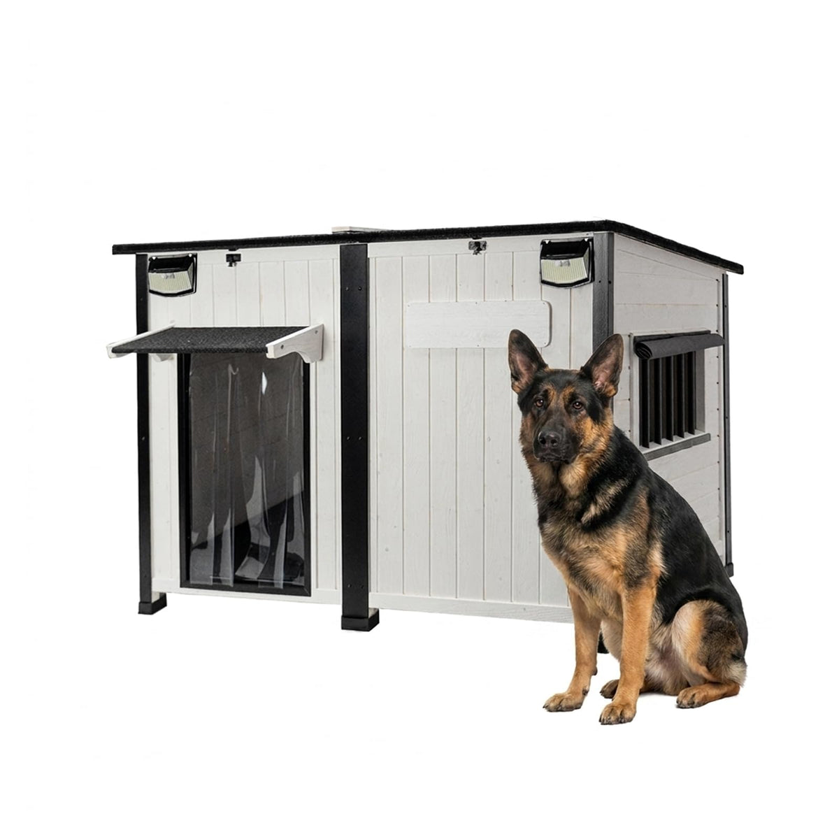 55" Large Wooden Dog House Outdoor Heavy Duty Weatherproof Kennel with Asphalt Roof D56774