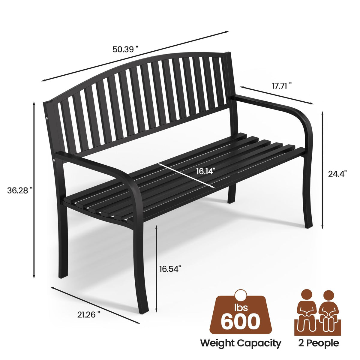 Black Wrought Iron Garden Bench with Armrests I2287
