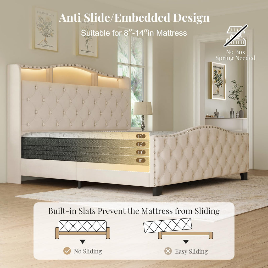 Queen Beige Platform Bed Frame with LED Headboard X1901