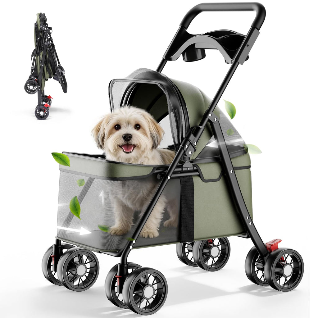 Foldable Pet Stroller for Small Dogs and Cats, 33 lb, 4-Wheel, Forest Green M900