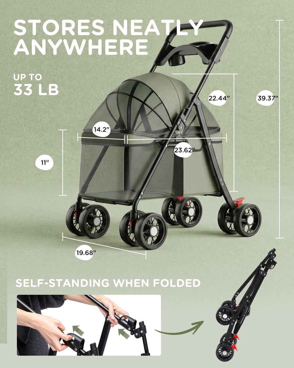 Foldable Pet Stroller for Small Dogs and Cats, 33 lb, 4-Wheel, Forest Green M900