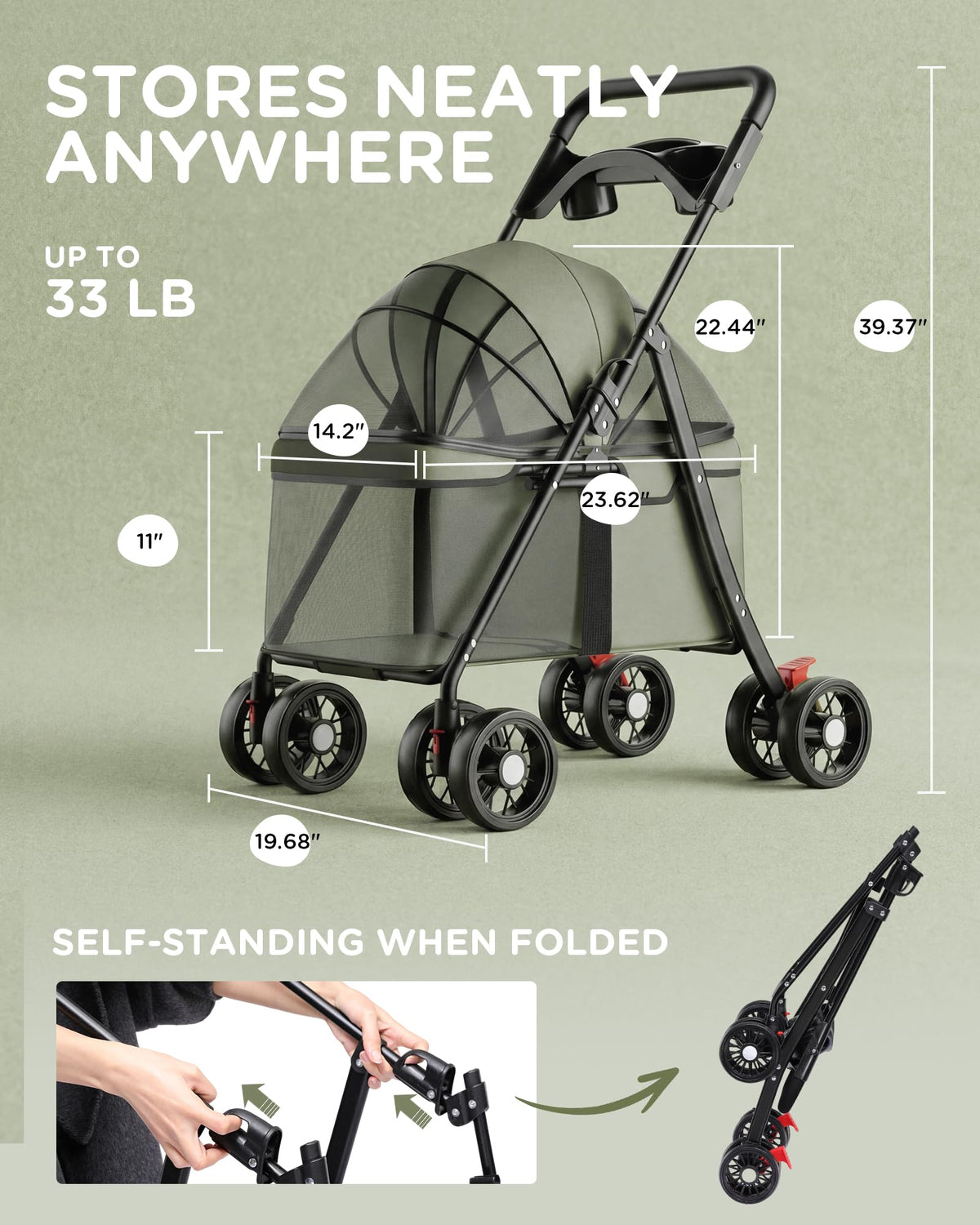 Foldable Pet Stroller for Small Dogs and Cats, 33 lb, 4-Wheel, Forest Green M900