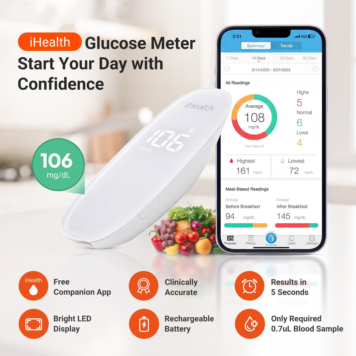 Wireless Smart Glucose Monitor Kit, 100 Strips & 100 Lancets G685