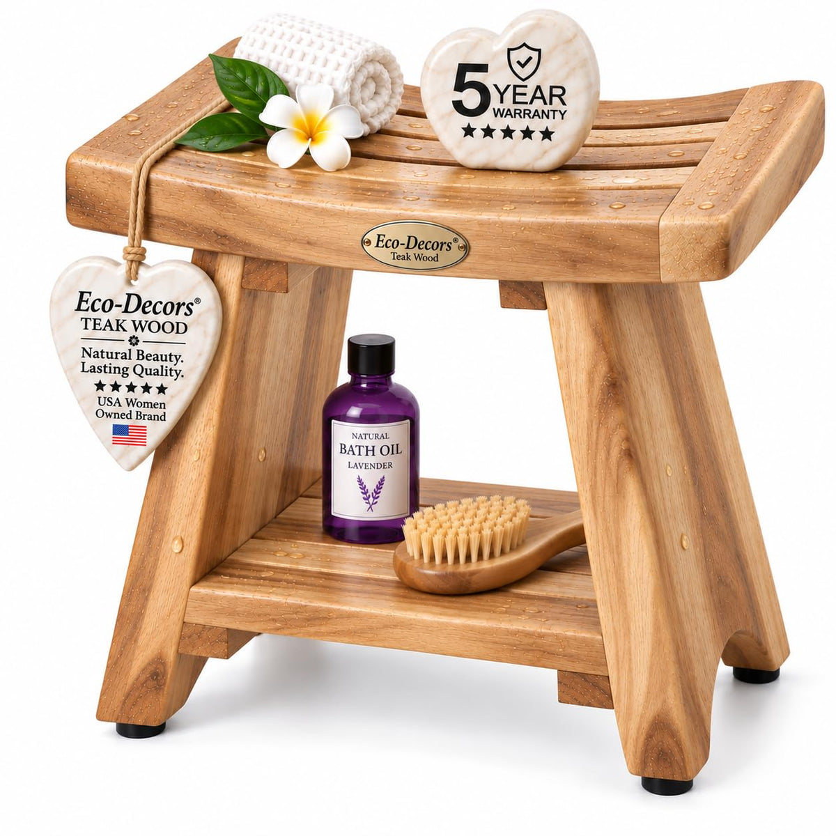 18" Solid Teak Shower Bench with Shelf A799