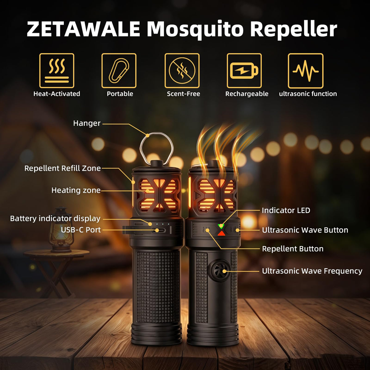 Portable Ultrasonic Mosquito Repeller with Carabiner Hook (6 Refills) S905806
