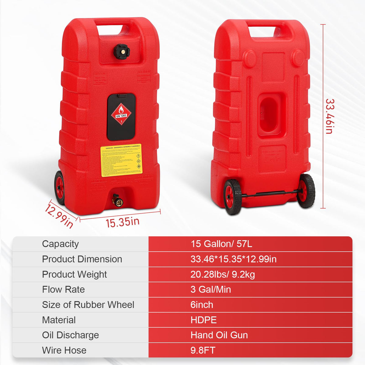 15 Gallon Wheeled Fuel Caddy with Manual Siphon Pump & 10FT Hose U26685