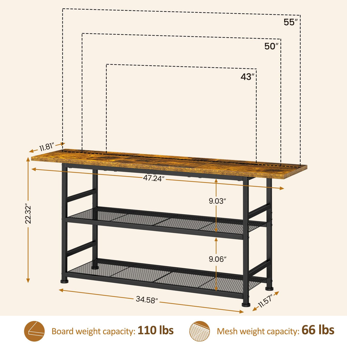 Rustic Brown TV Stand up to 55 Inch with 3 Tier Storage Shelves E1941