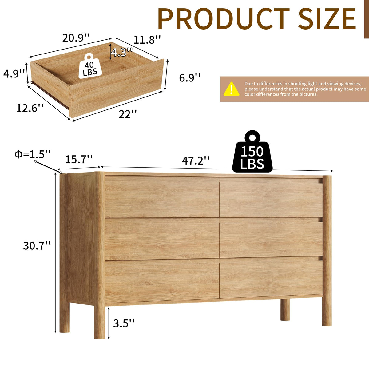 Oak 6 Drawer Dresser with Solid Wood Legs T3233