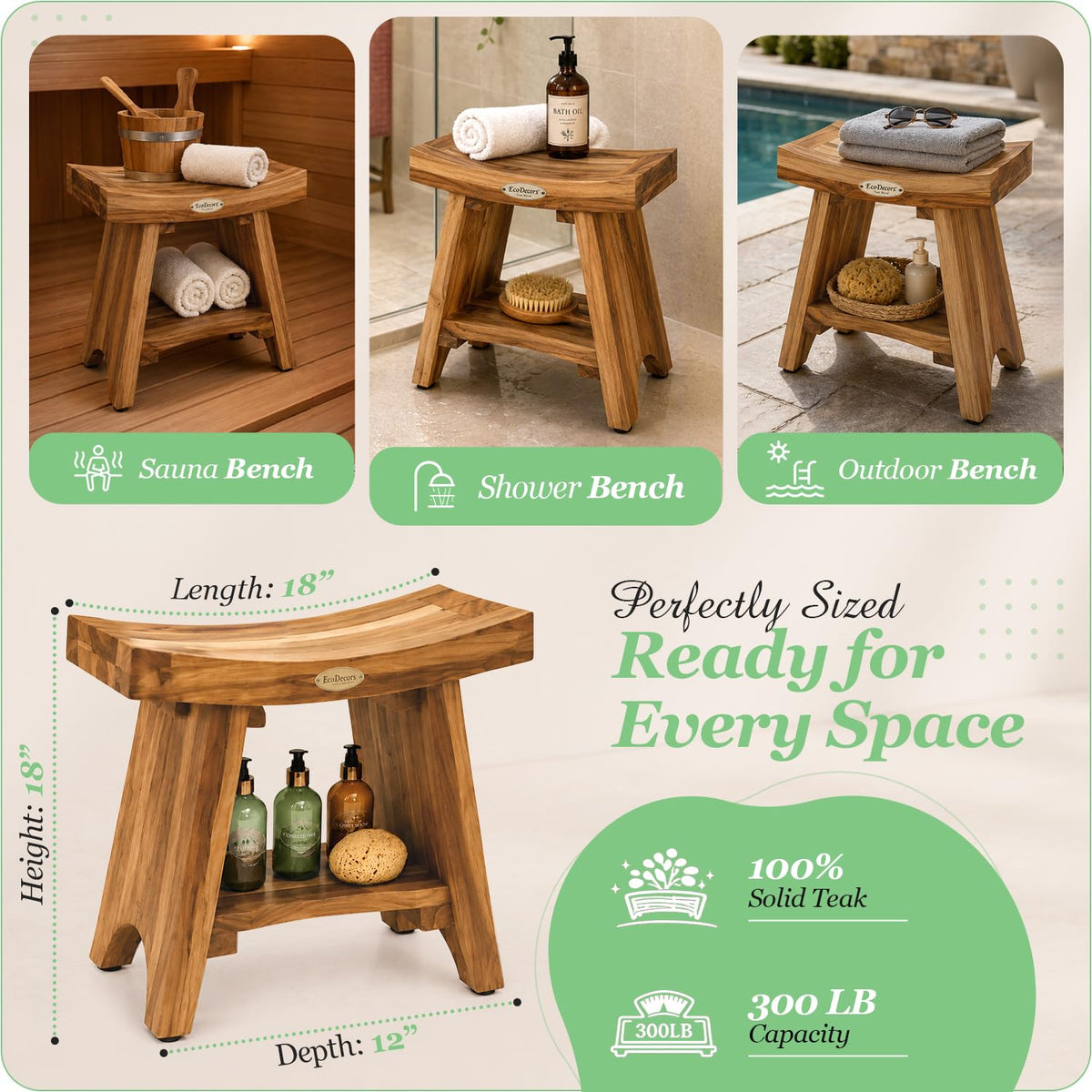 18" Solid Teak Shower Bench with Shelf A799