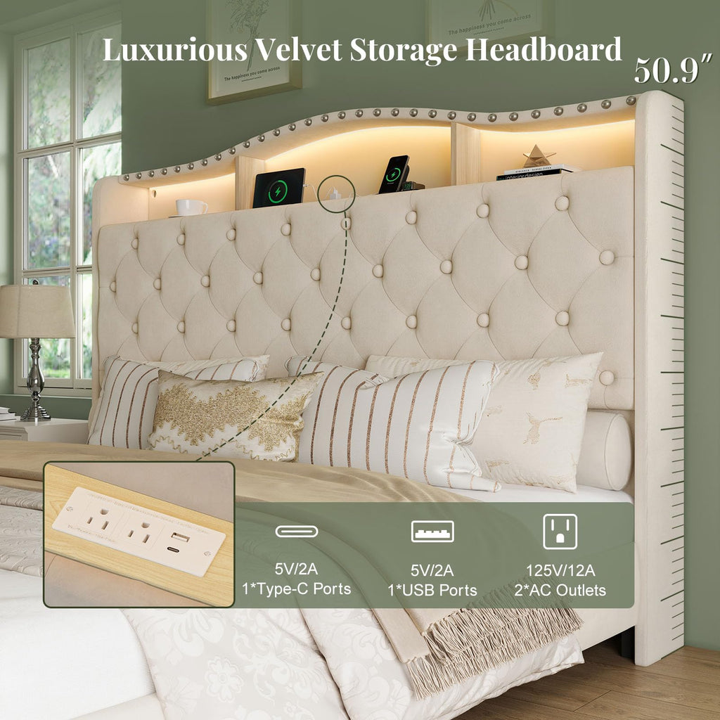 Queen Beige Platform Bed Frame with LED Headboard X1901