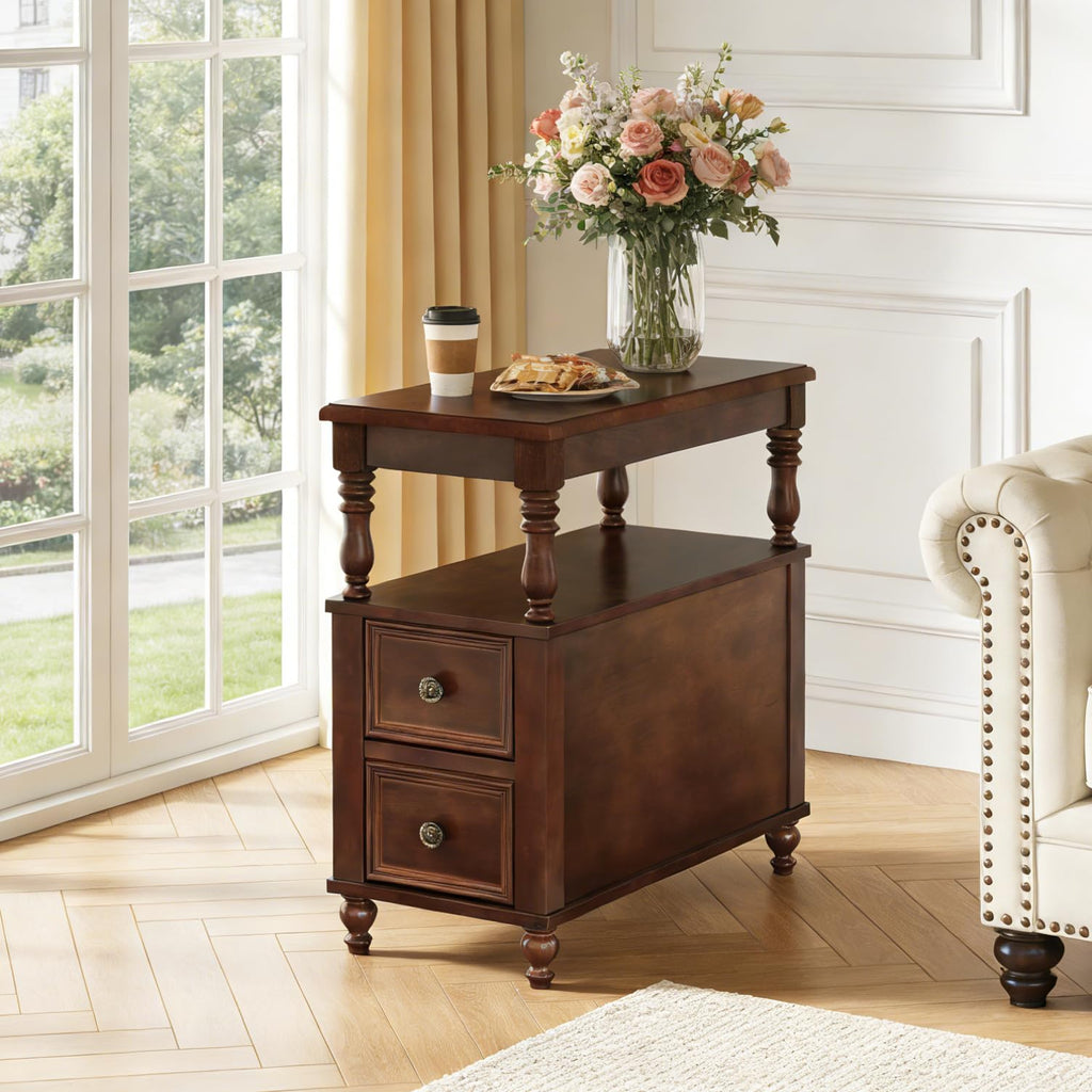 Solid Wood End Table with 2 Drawers and 2-Tier Open Shelf R730476