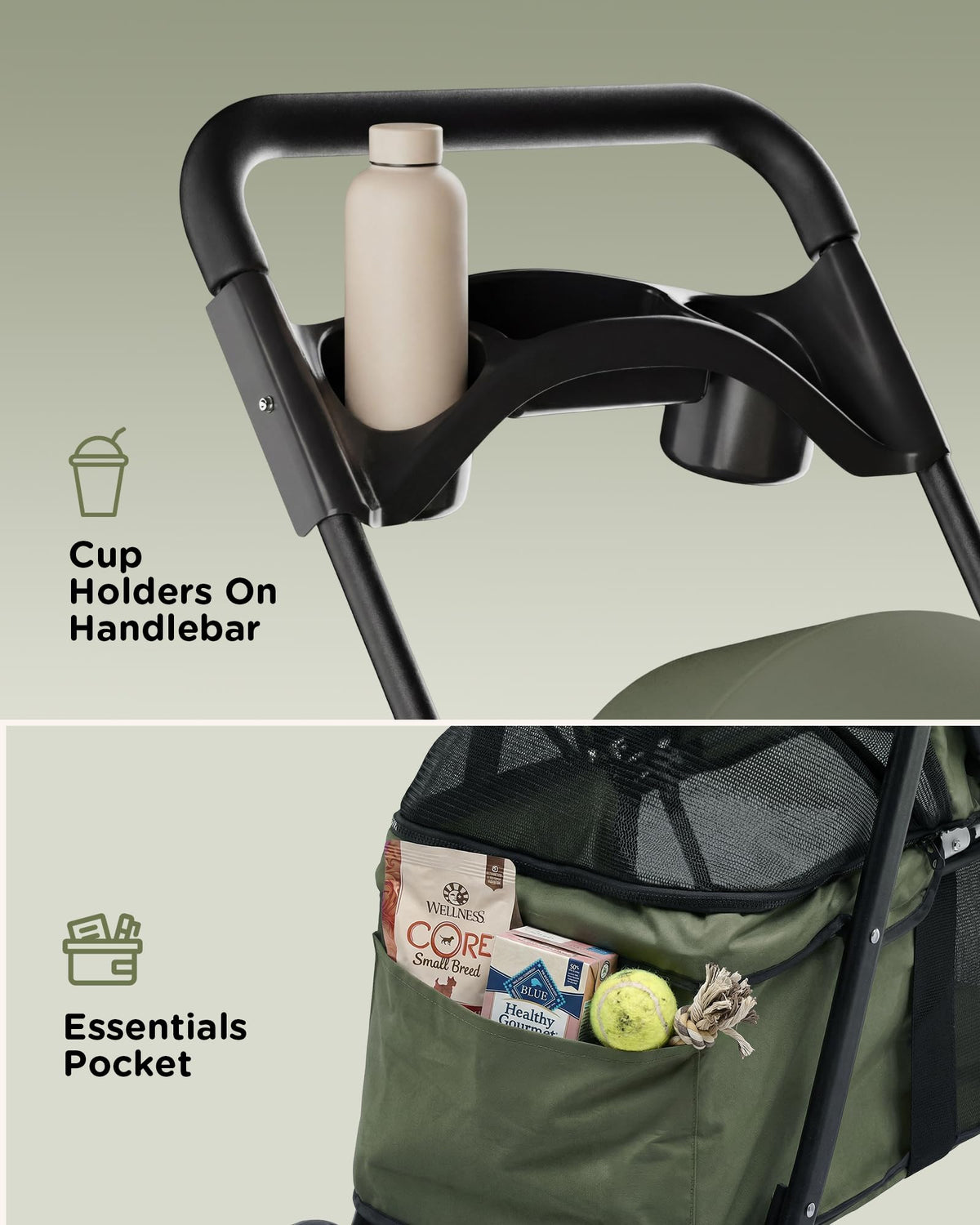 Foldable Pet Stroller for Small Dogs and Cats, 33 lb, 4-Wheel, Forest Green M900