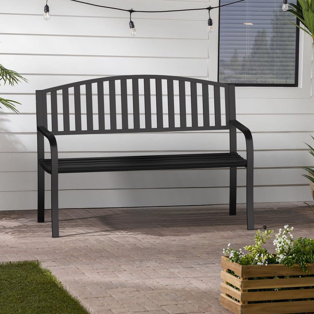 Black Wrought Iron Garden Bench with Armrests I2287