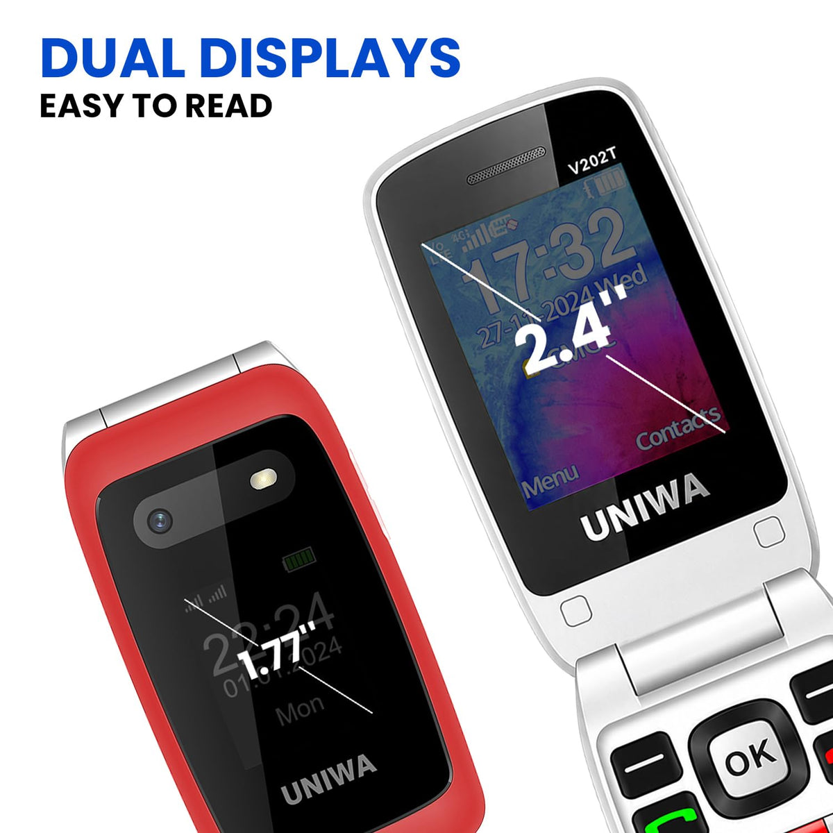 4G Flip Phone Unlocked Dual Screen 2.4"+1.77" Red Q278256