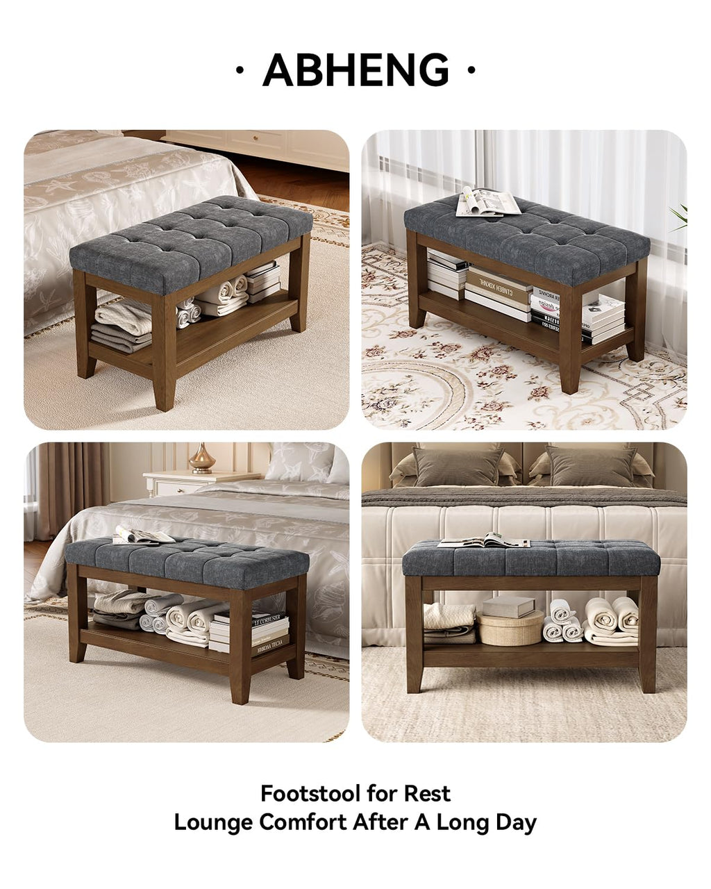 Dark Gray Rubber Wood Chenille Upholstered Shoe Bench H508