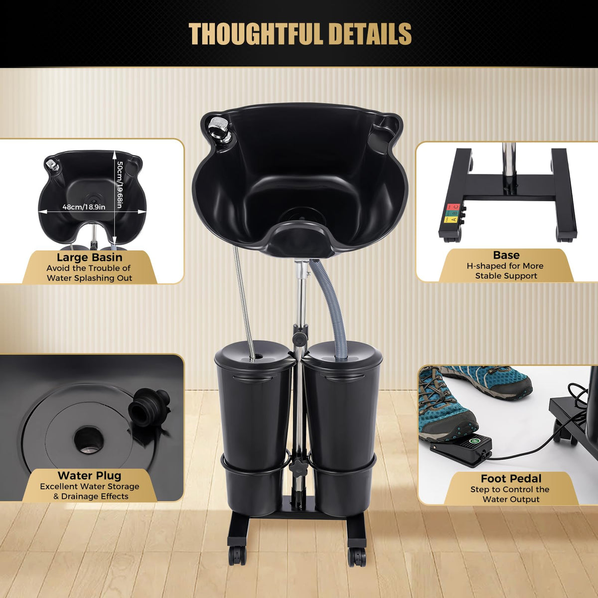 Portable Shampoo Basin with 2 Water Buckets, Black O811