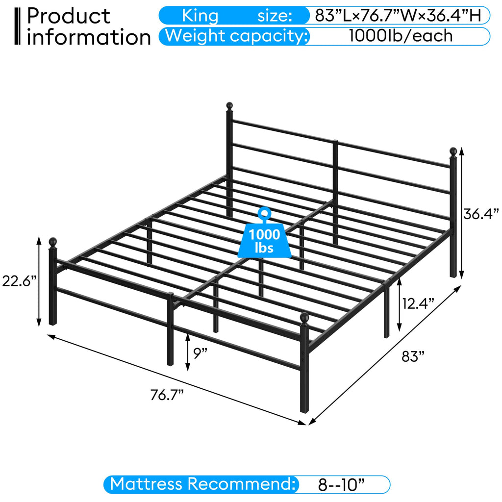 Black King Size Metal Platform Bed Frame with Headboard Y382819