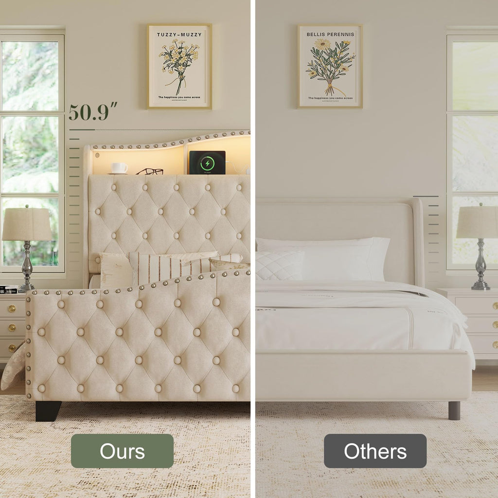 Queen Beige Platform Bed Frame with LED Headboard X1901