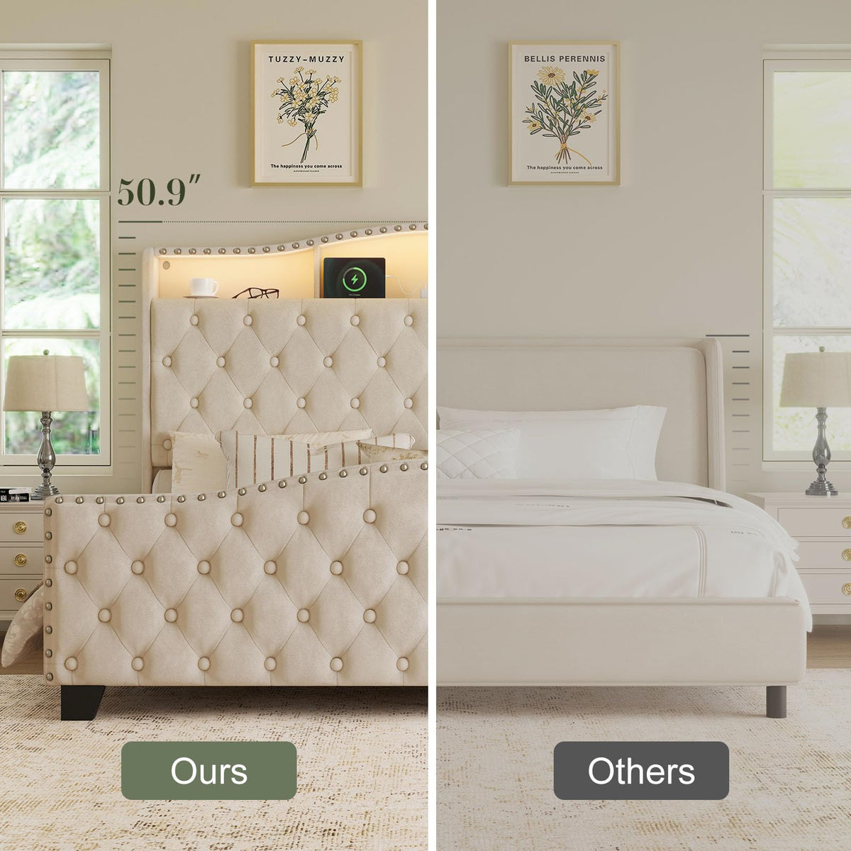 Queen Beige Platform Bed Frame with LED Headboard X1901