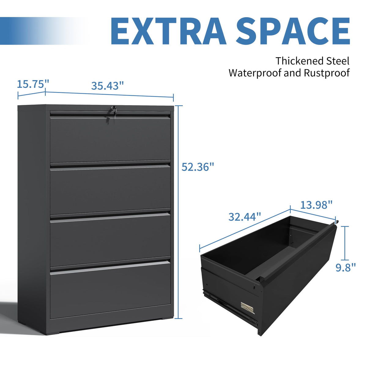 Black 4 Drawer Metal Lateral File Cabinet with Lock C990