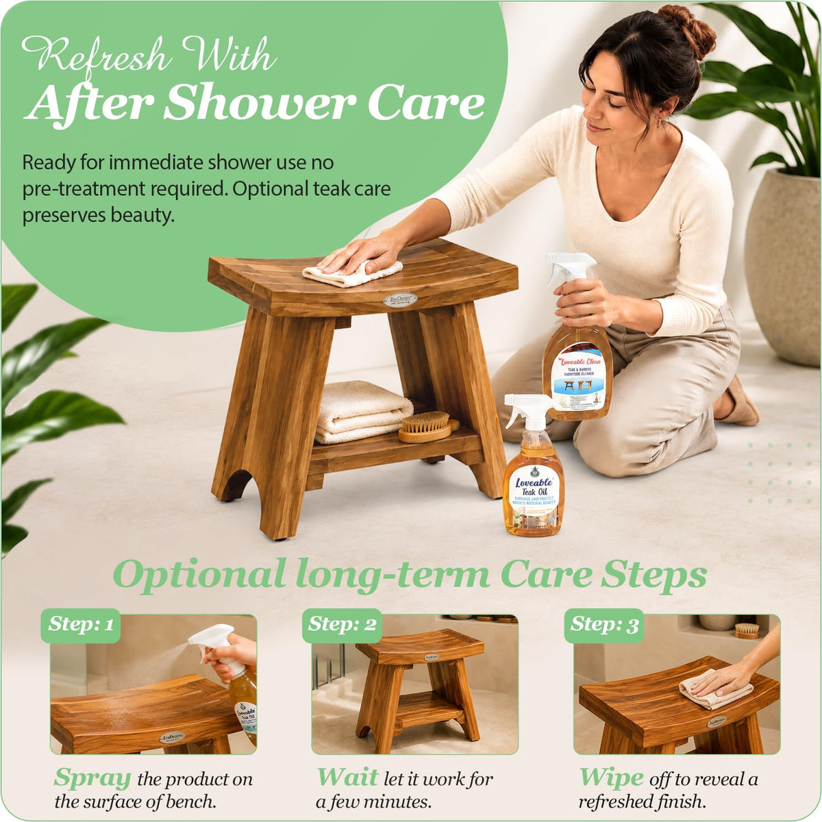 18" Solid Teak Shower Bench with Shelf A799
