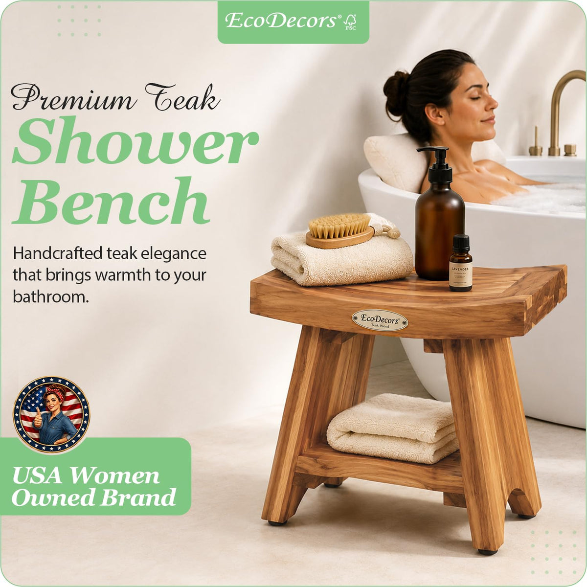 18" Solid Teak Shower Bench with Shelf A799