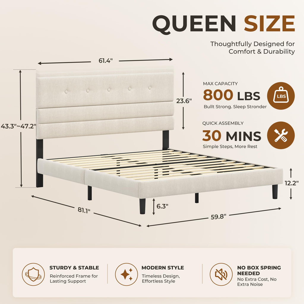 Queen Size Linen Fabric Upholstered Platform Bed Frame O502847
