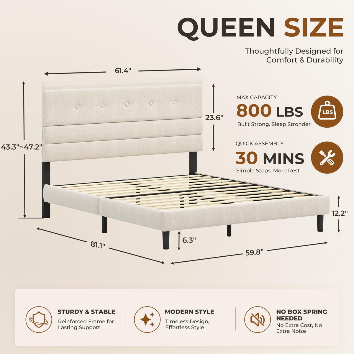 Queen Size Linen Fabric Upholstered Platform Bed Frame O502847