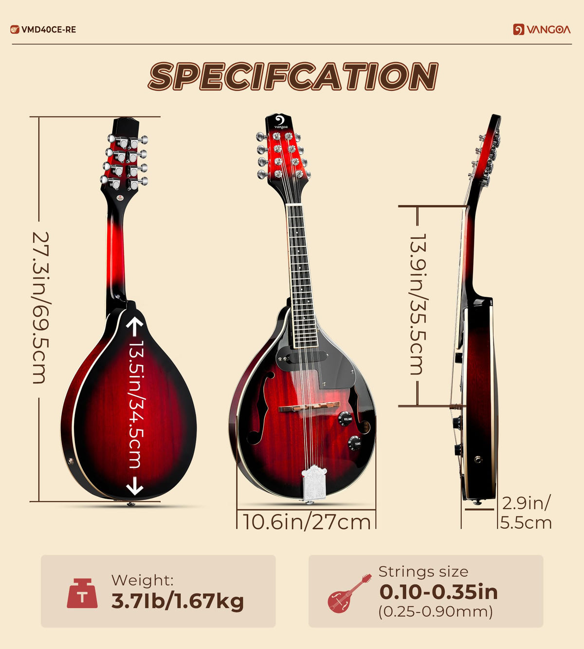 Red Burst 8 Strings Mahogany Acoustic Electric Mandolin Q4551