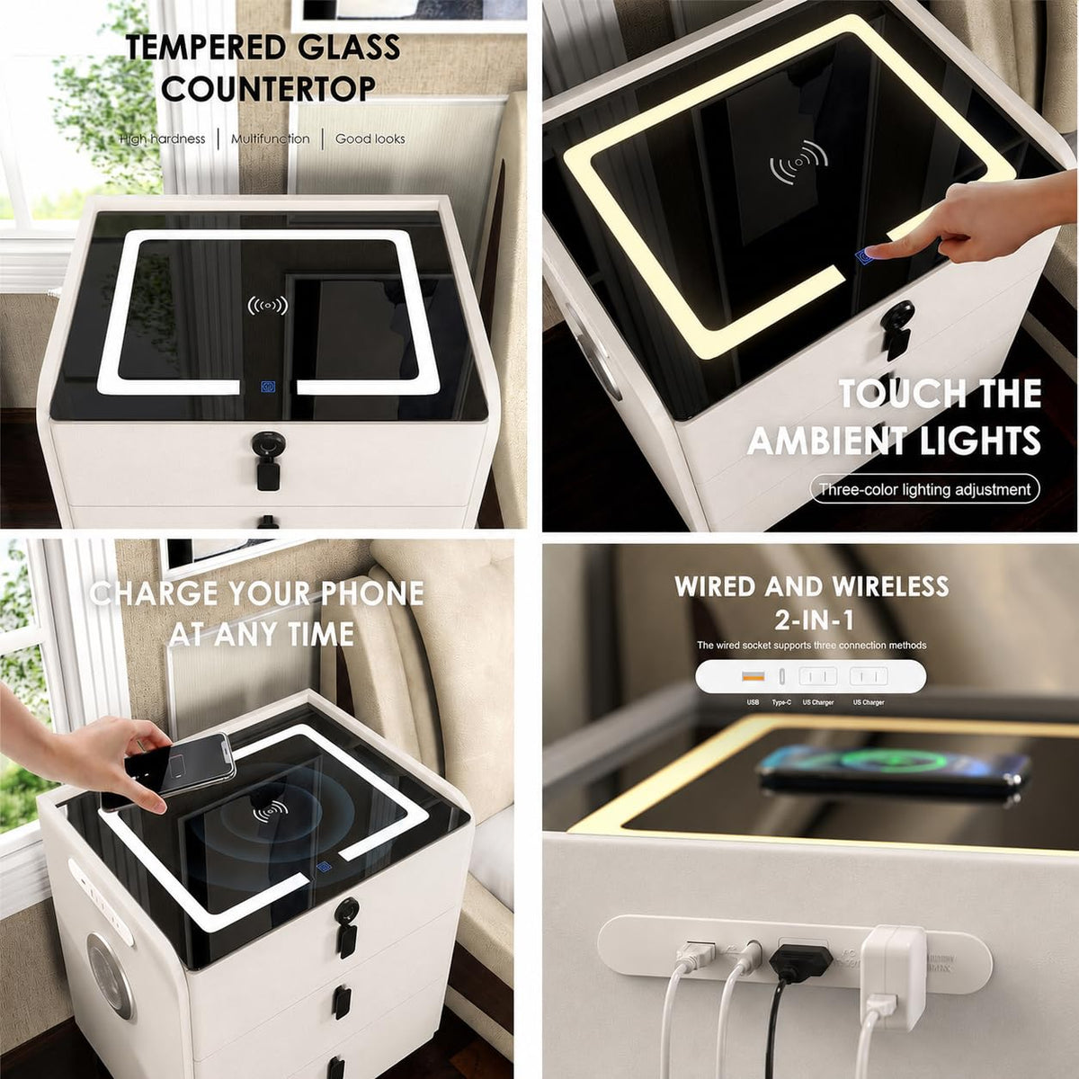 Wireless Charging Nightstand with Fingerprint Lock E141