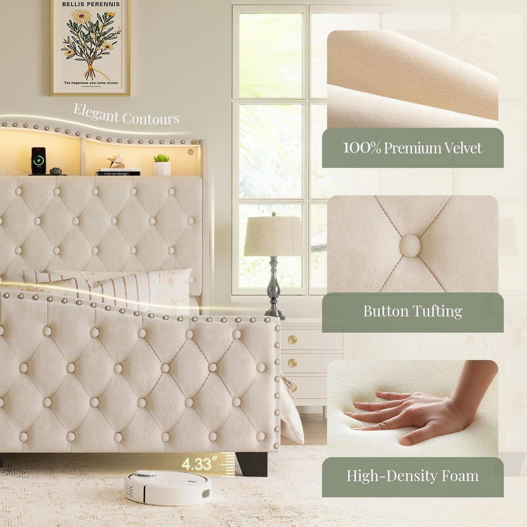 Queen Beige Platform Bed Frame with LED Headboard X1901