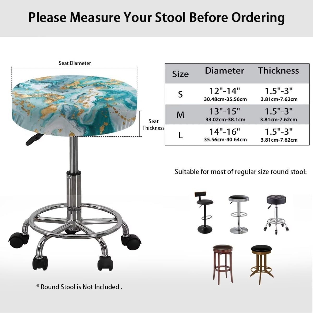 Teal Gold Marble 2 Pack Round Bar Stool Seat Cover O25362