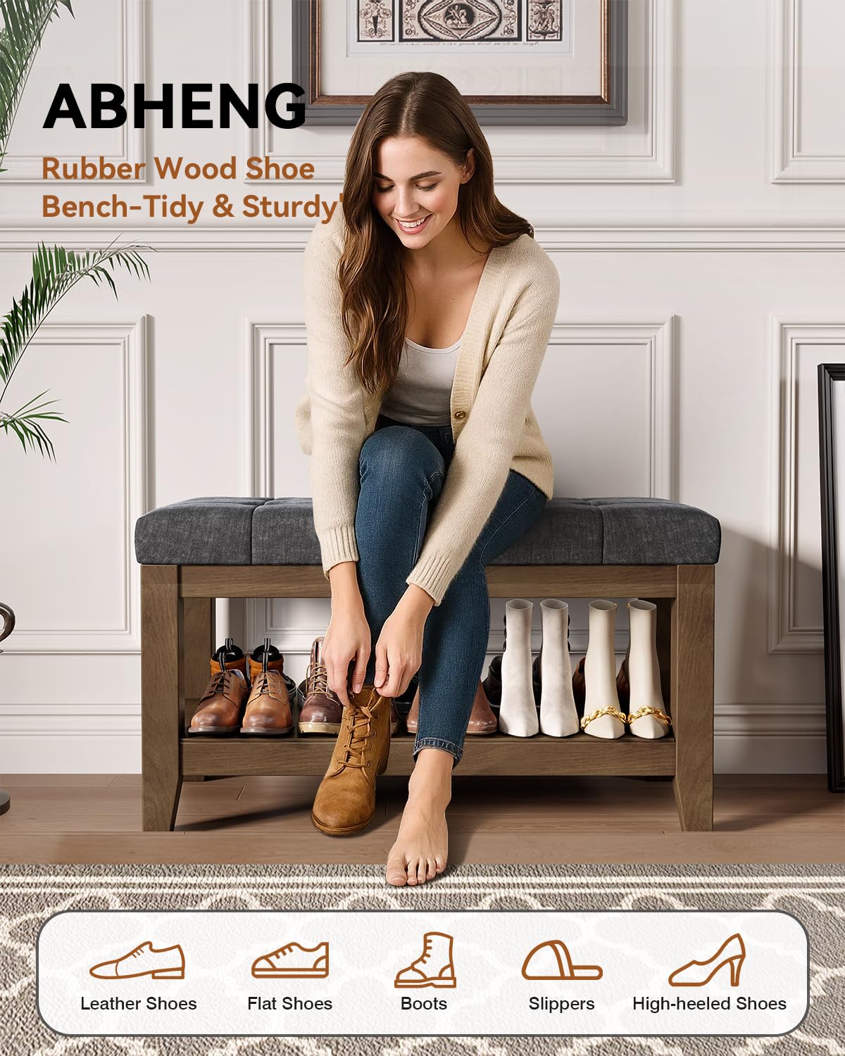 Dark Gray Rubber Wood Chenille Upholstered Shoe Bench H508
