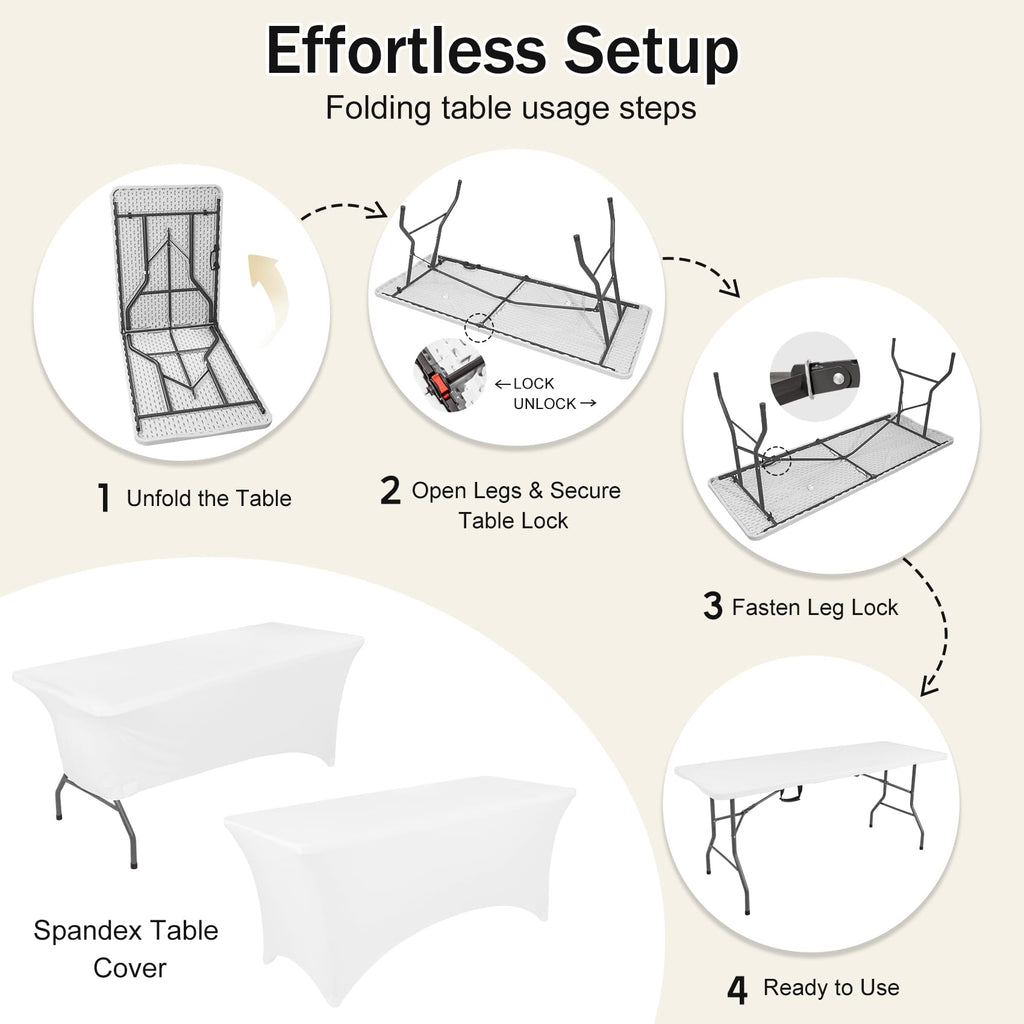 6 FT Folding Table with White Stretch Spandex Cover C97022