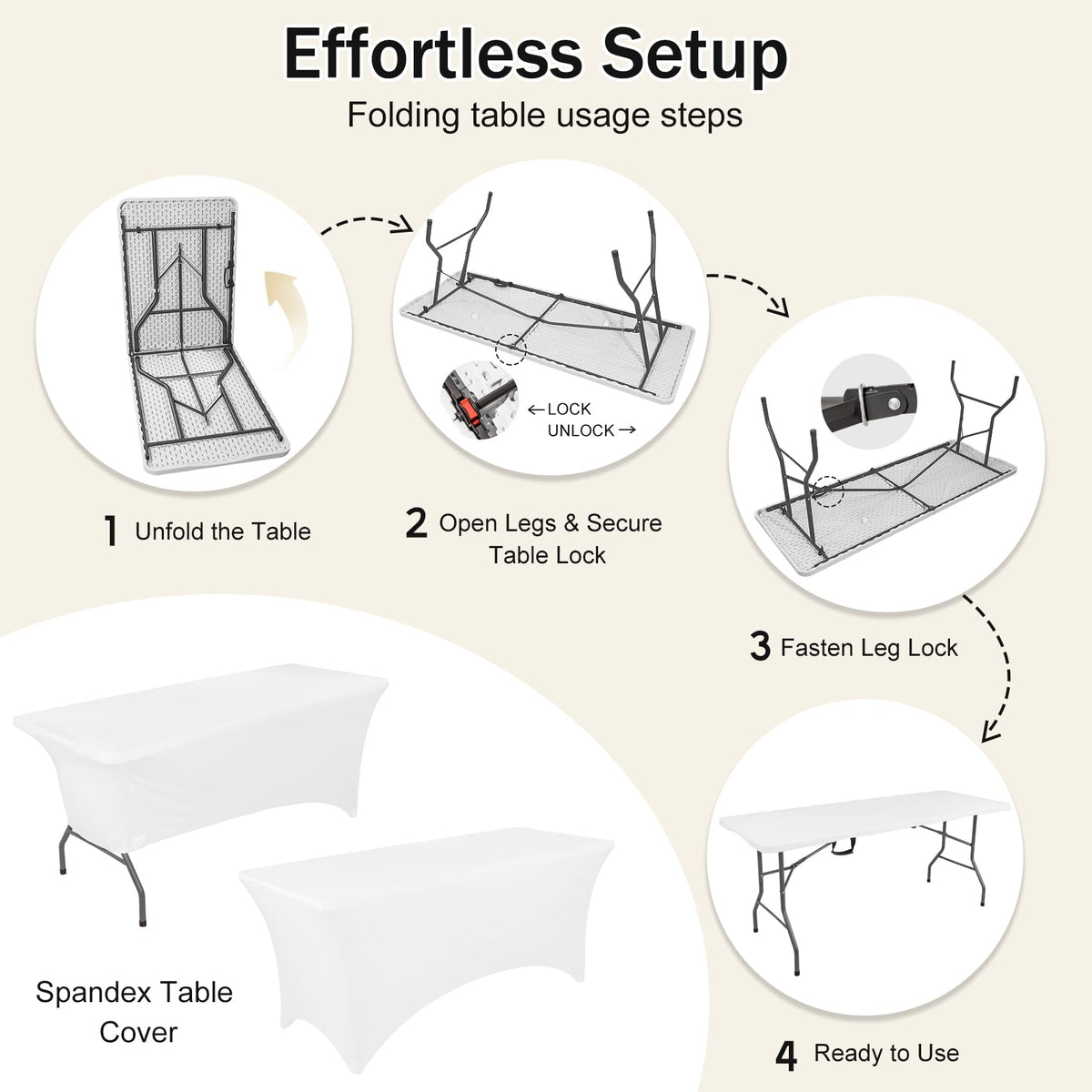 6 FT Folding Table with White Stretch Spandex Cover C97022