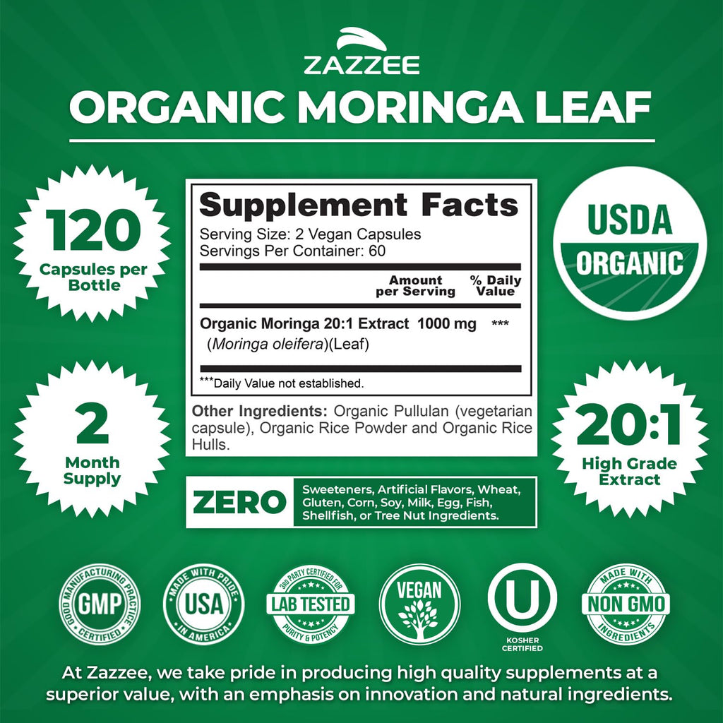 USDA Organic Moringa Leaf 20:1 Extract 120 Vegan Capsules Y4513