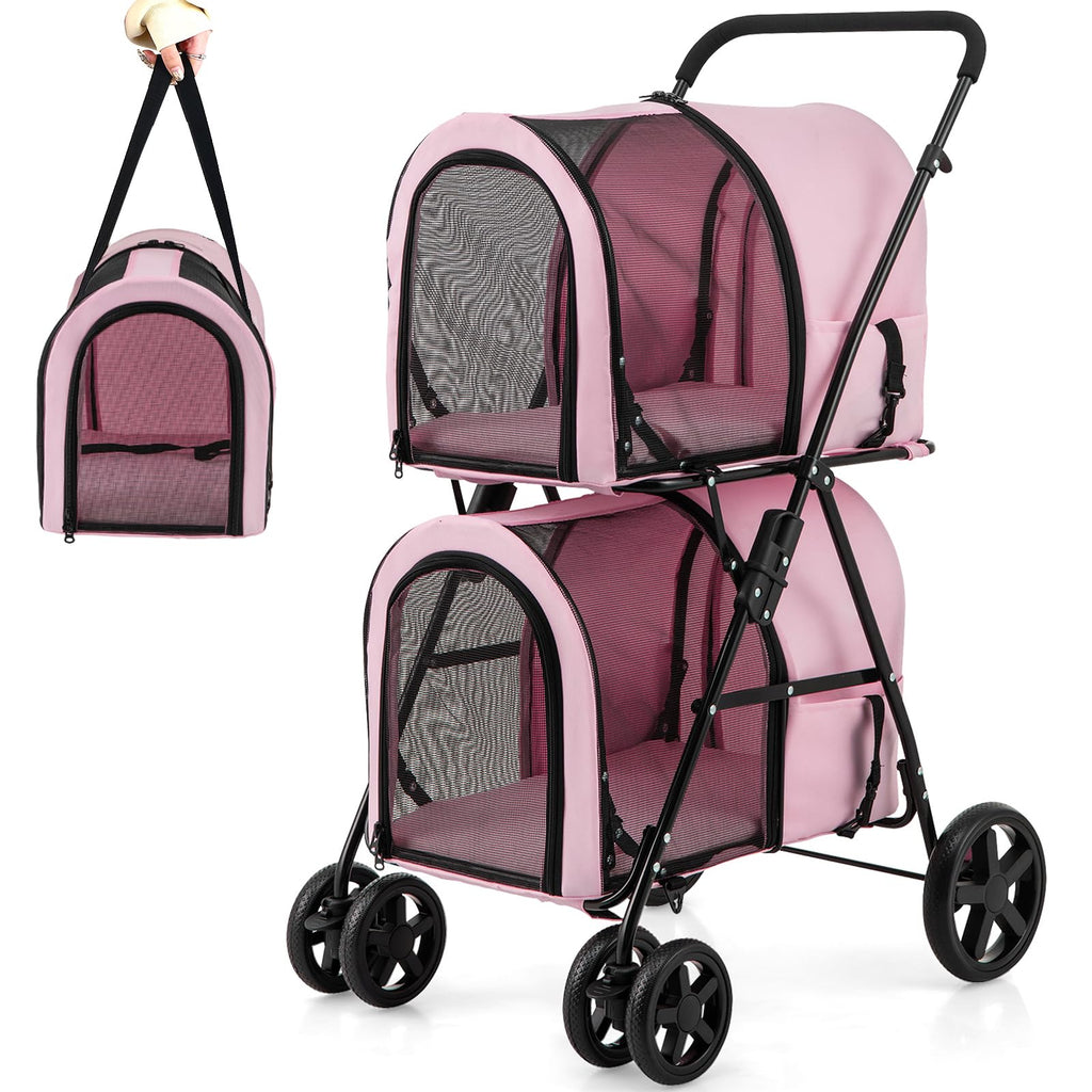 Double Pet Stroller with 2 Detachable Carrier Bags Pink A405