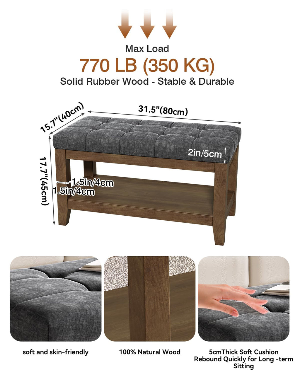 Dark Gray Rubber Wood Chenille Upholstered Shoe Bench H508