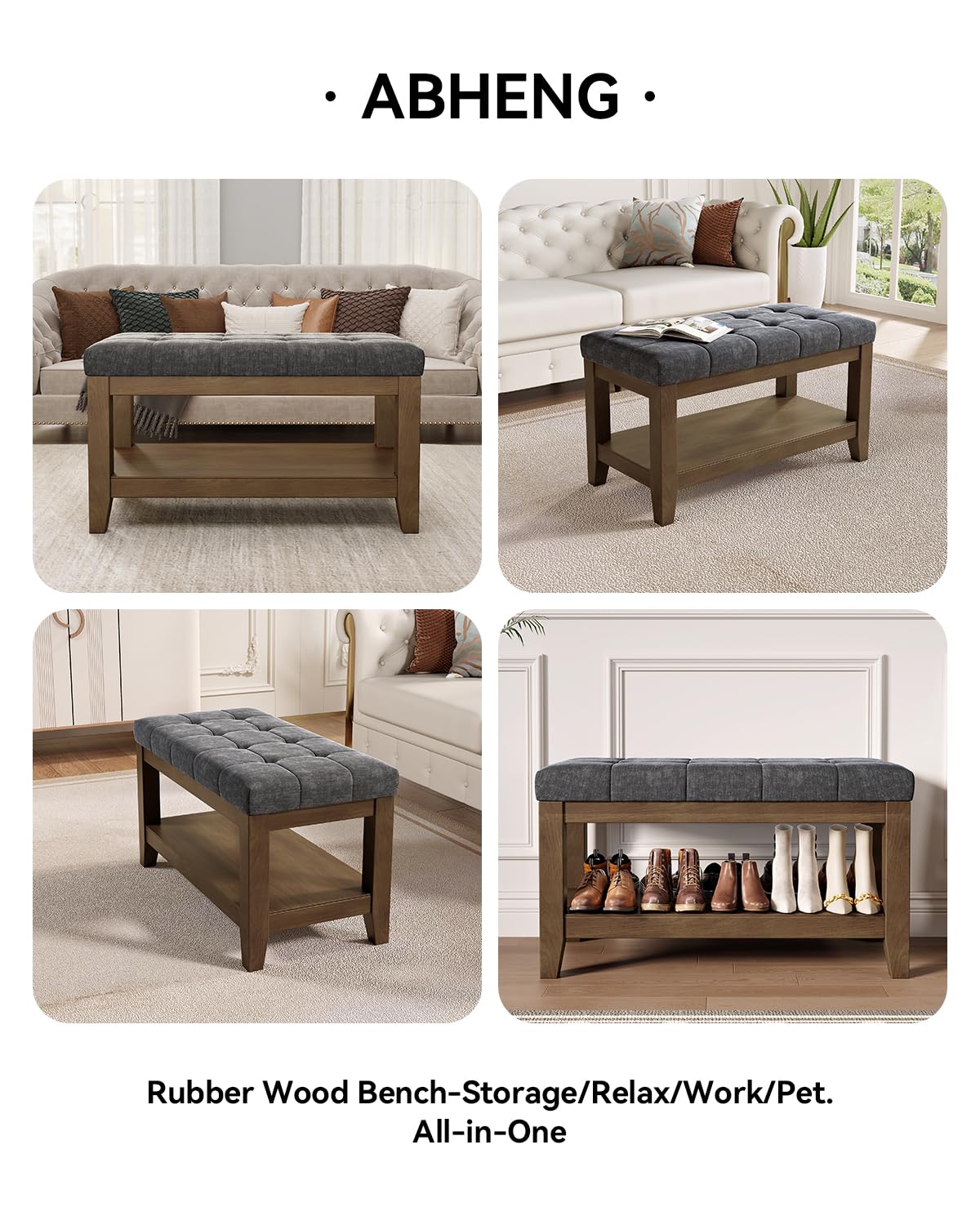 Dark Gray Rubber Wood Chenille Upholstered Shoe Bench H508