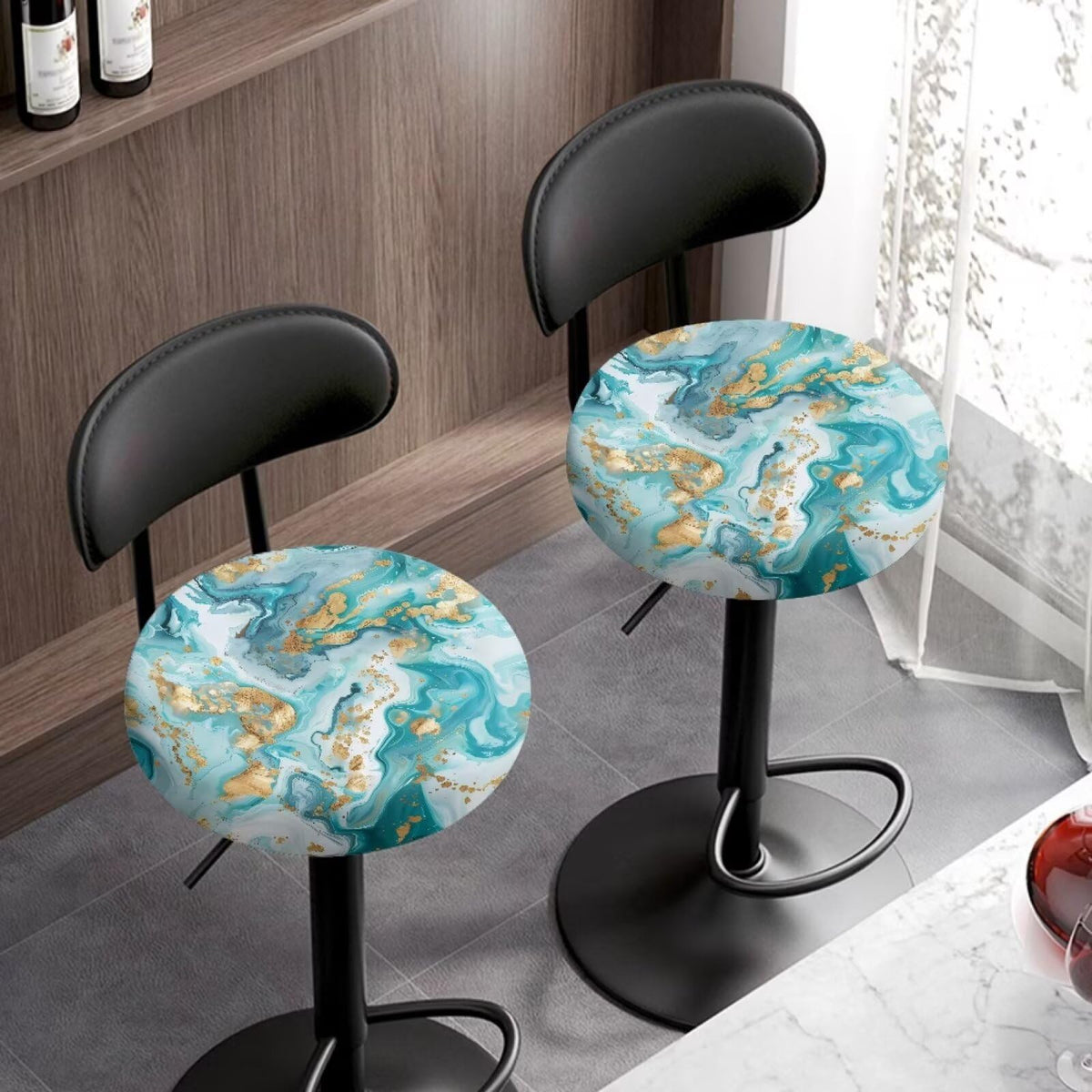 Teal Gold Marble 2 Pack Round Bar Stool Seat Cover O25362