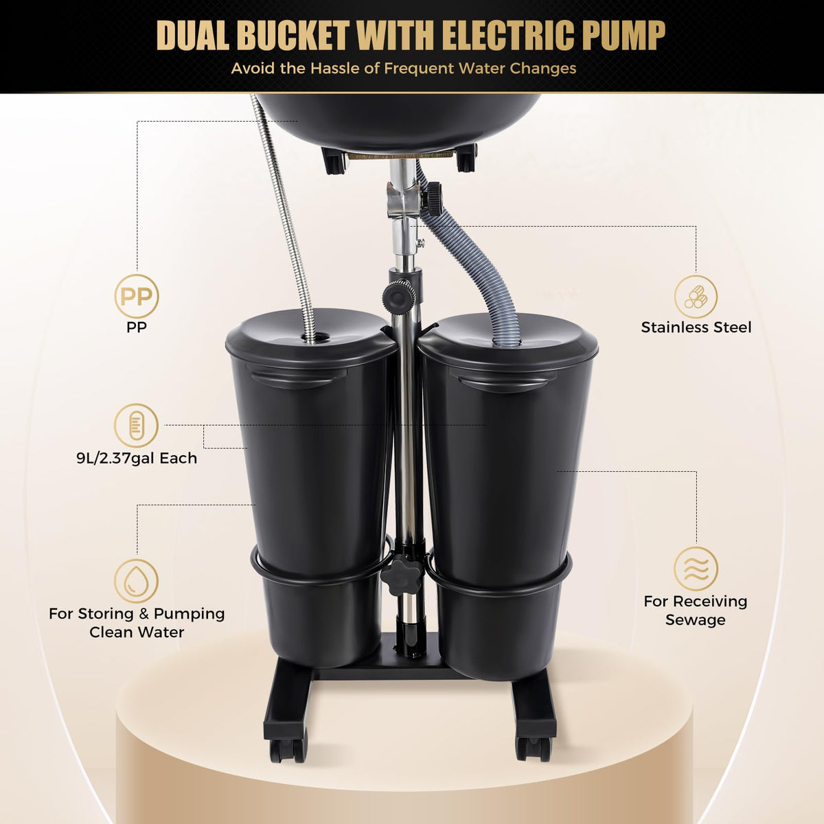 Portable Shampoo Basin with 2 Water Buckets, Black O811
