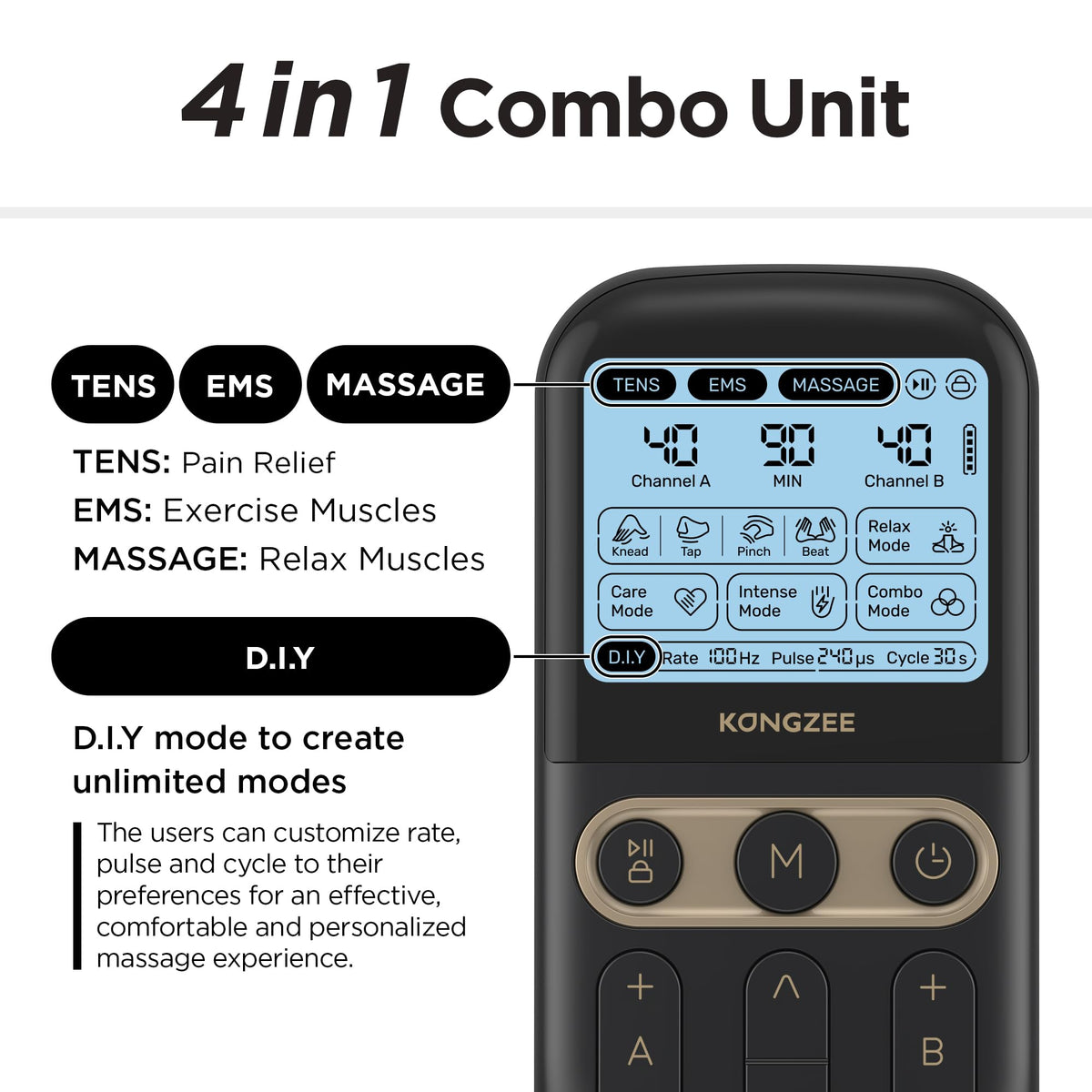 4 in 1 TENS Unit EMS Massage Muscle Stimulator Dual Channel Rechargeable Q911