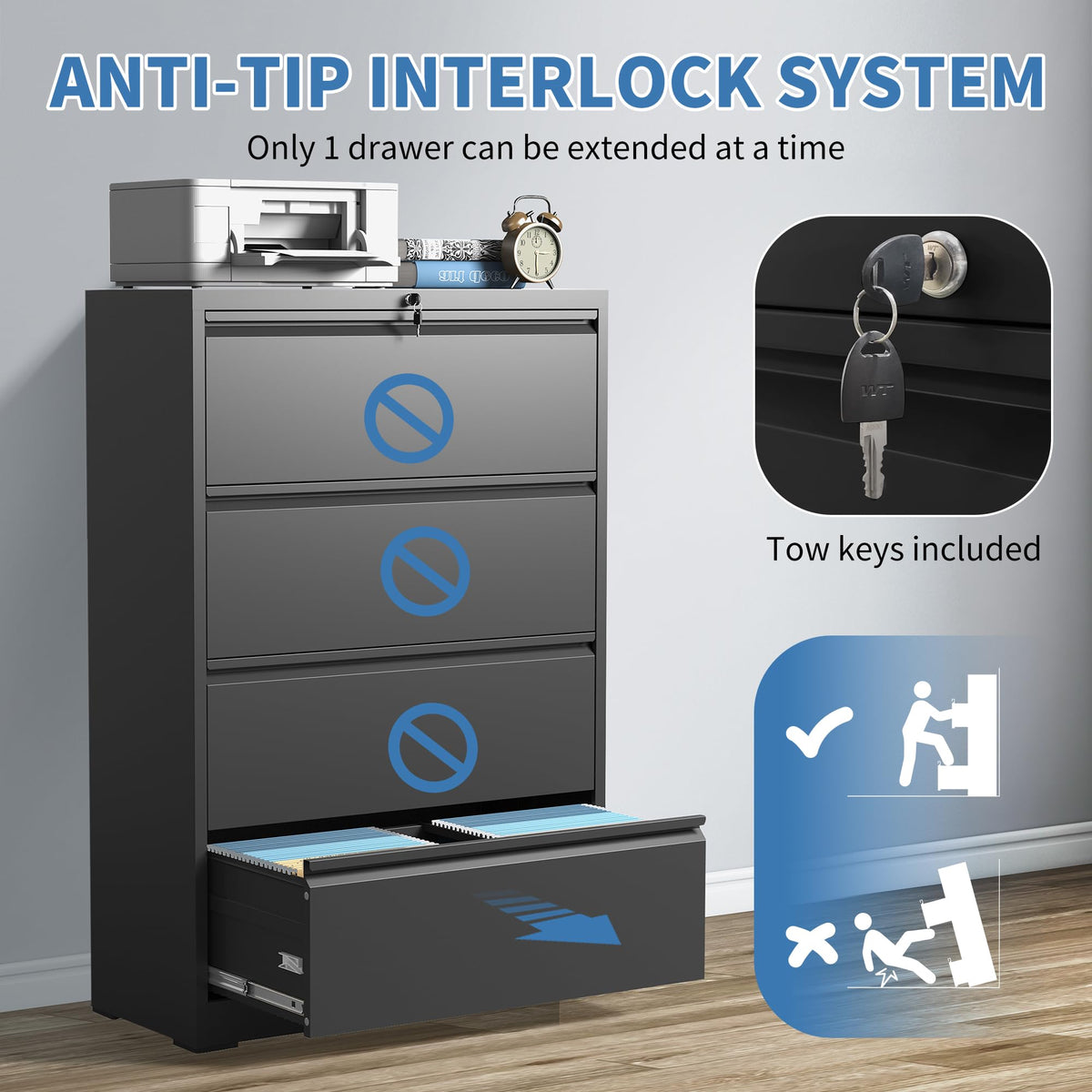 Black 4 Drawer Metal Lateral File Cabinet with Lock C990