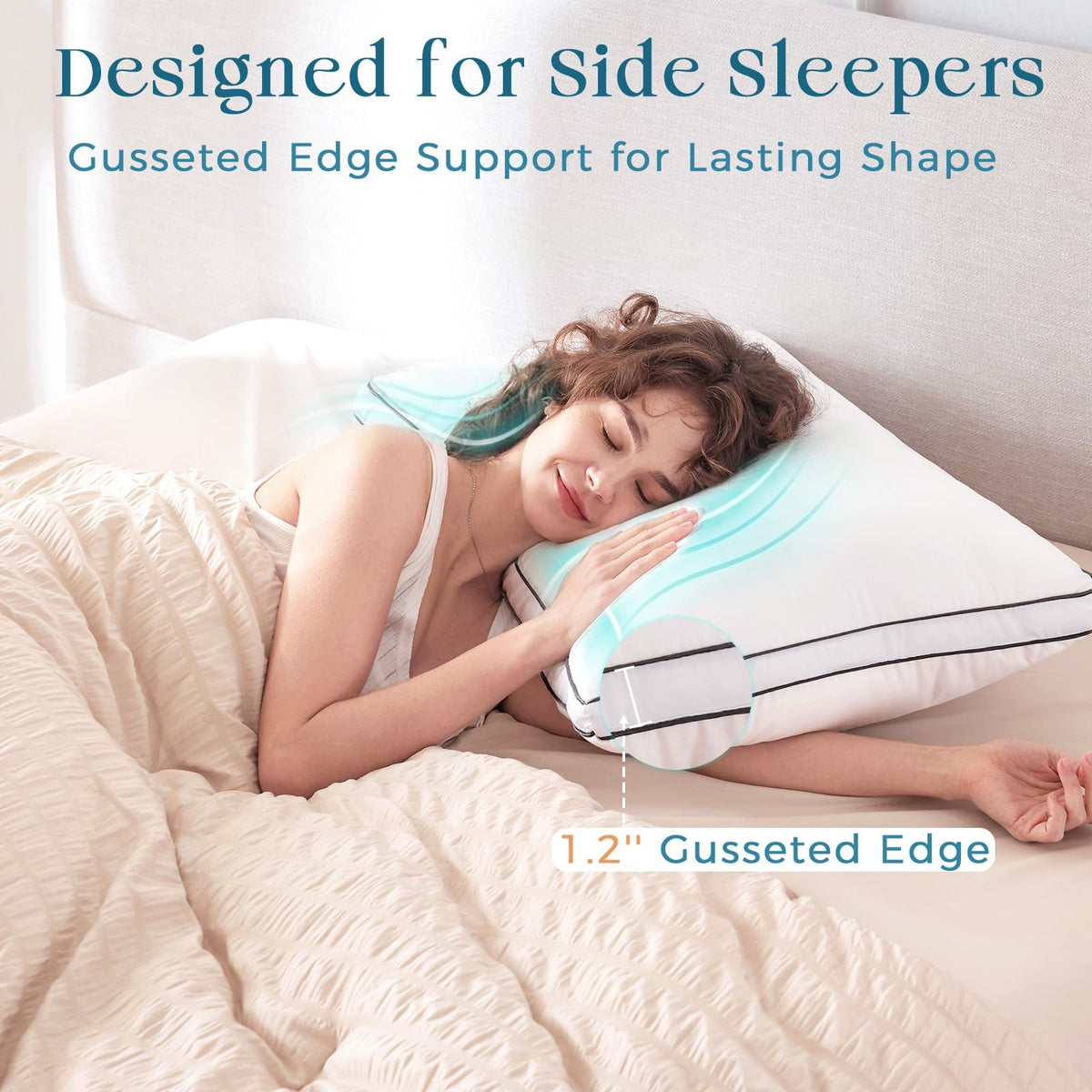 Queen Size Set of 2 White Gusseted Bed Pillows X1934