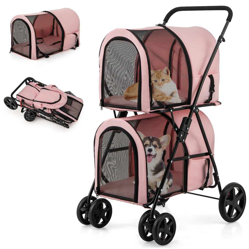 Double Pet Stroller with 2 Detachable Carrier Bags Pink A405